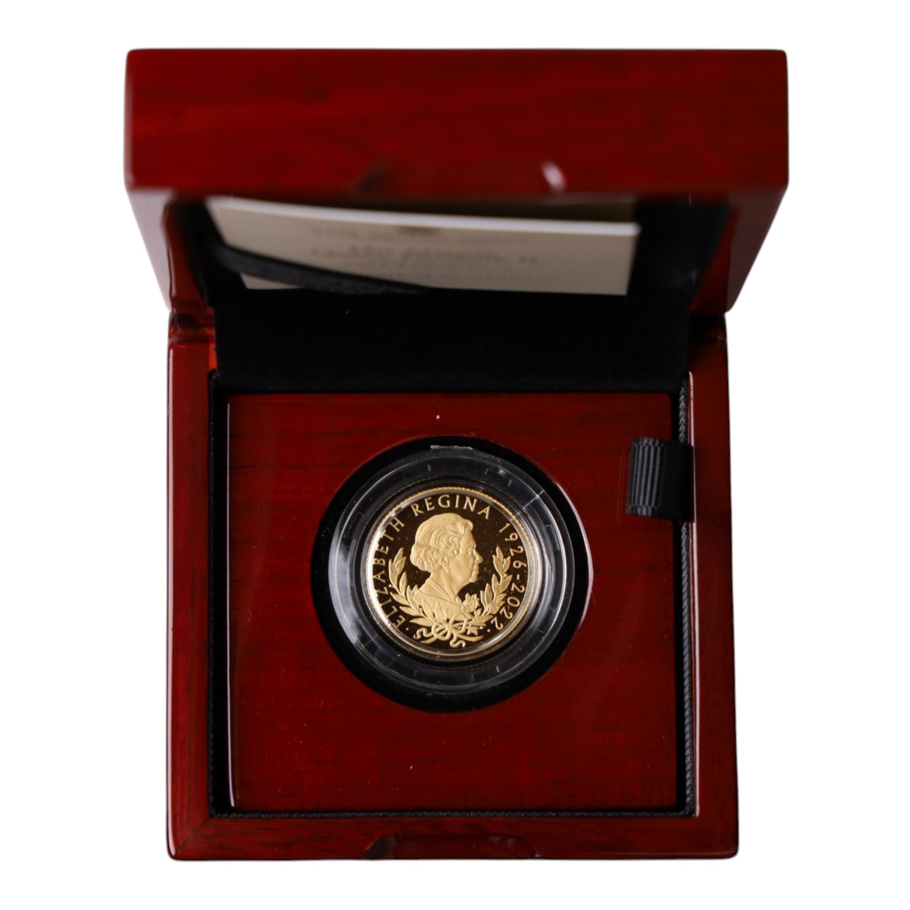 The Royal Mint United Kingdom 2022 'Her Majesty Queen Elizabeth II' quarter ounce fine gold proof twenty five pound coin, cased and boxed with certificate