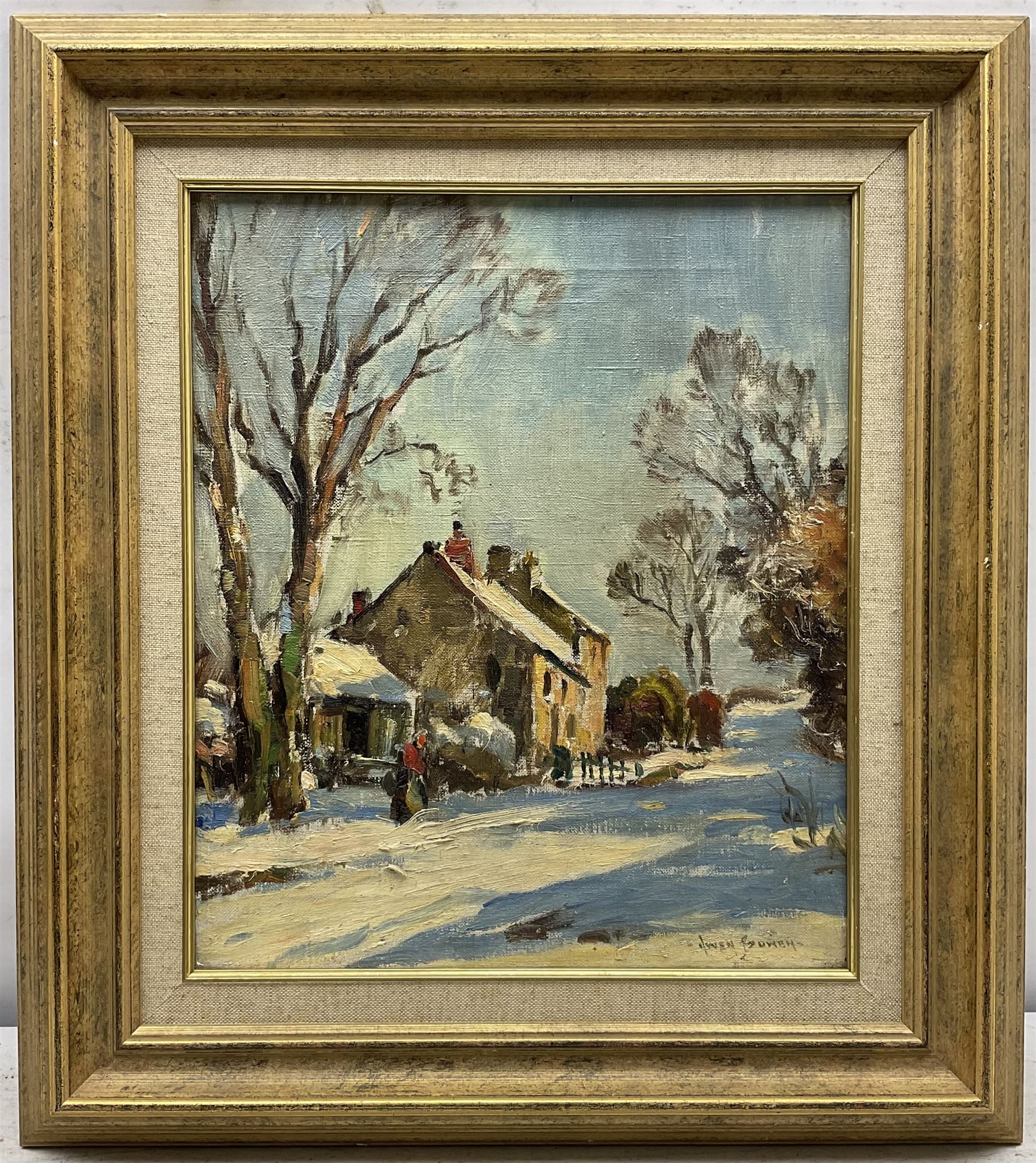 Owen Bowen (Staithes Group 1873-1967): Yorkshire Dales Cottages in the Winter Sunshine, oil on canvas signed 35cm x 30cm