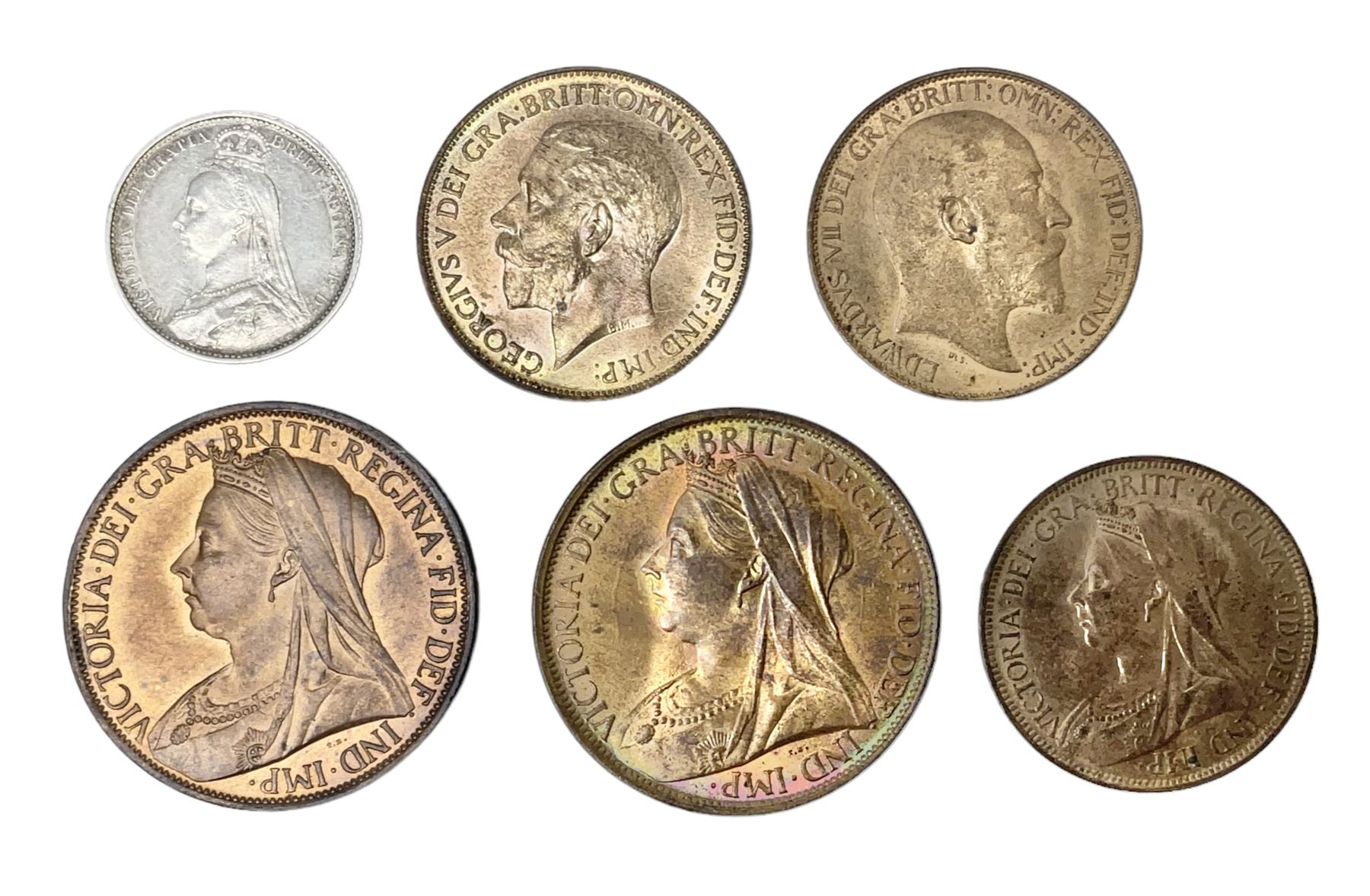 Queen Victoria 1898 and 1901 penny coins, 1901 halfpenny, 1887 sixpence, King Edward VII 1902 halfpenny and King George V 1911 halfpenny (6) 