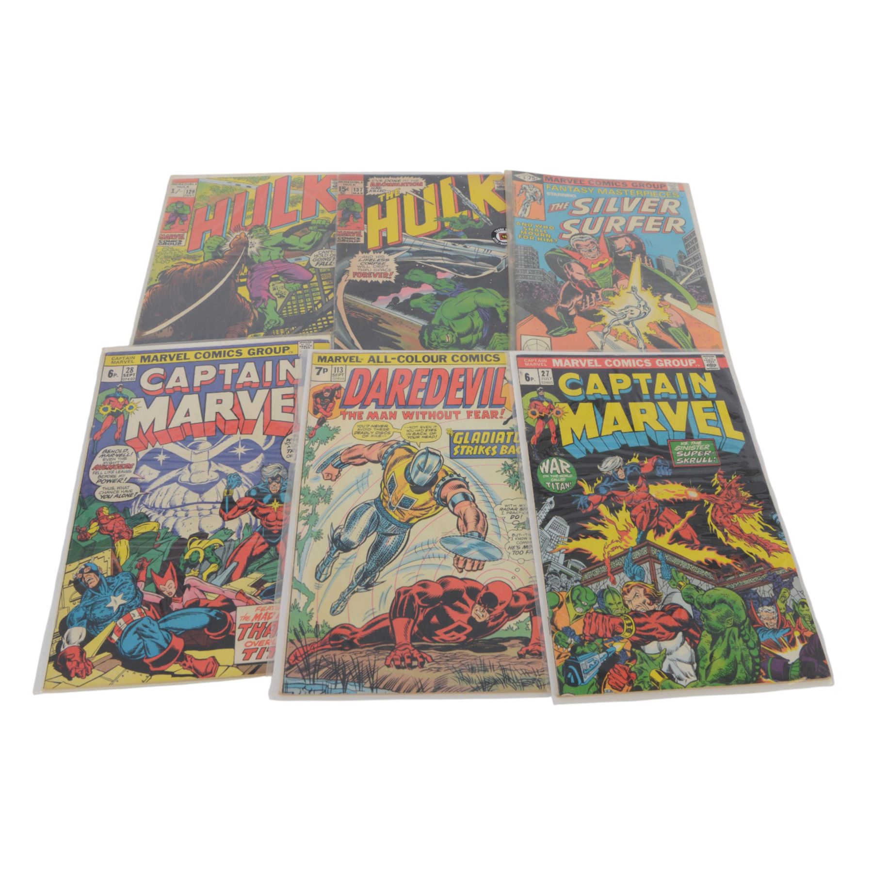 Fifteen Marvel Bronze Age and later comic books, comprising 'Fantasy Masterpieces starring Silver-Surfer' issue #5, 'Many Foes Has The Hulk' issue #139, four 'The Hulk' issues #129, #130, #131 and #137, 'Marvel Superheroes featuring The Hulk and Sub-Mariner' issue 47, 'Sub-Mariner' issues #24, #30, #63, 'Tales to Astonish starring Sub-Mariner' issue #8, 'Tales to Astonish Sub-Mariner and The Incredible Hulk' issue #79, #87 and #100, and 'Hulk vs The Thing' Direct Edition, all bagged, some carded