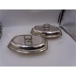 Pair of 1930s silver serving dishes with covers, each with removable handles, hallmarked Barker Brothers Silver Ltd, Birmingham 1935, L27.5cm, H12cm