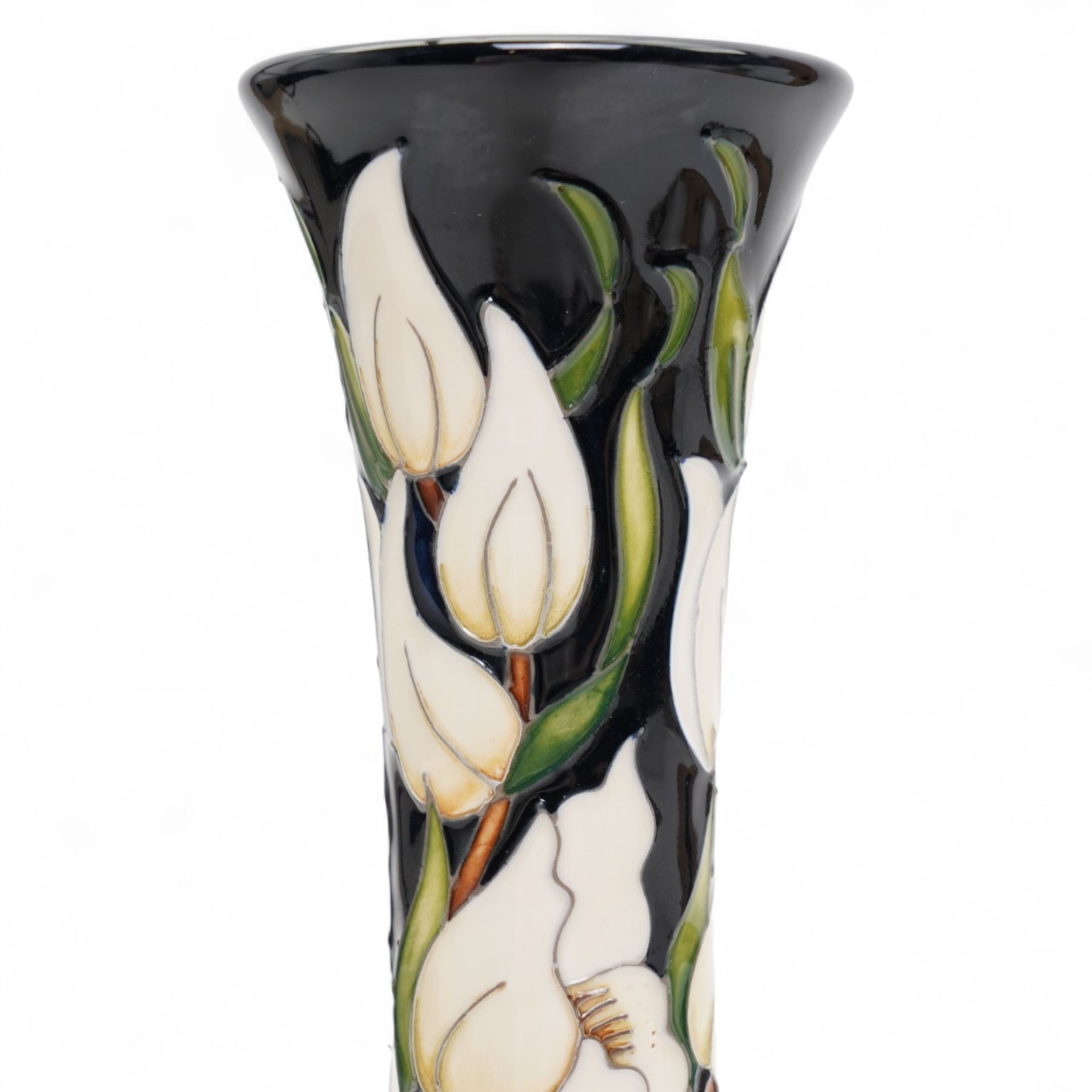 Moorcroft Buckingham Orchid pattern vase, of elongated waisted form, signed by Rachel Bishop, painted marks to base, H31cm 