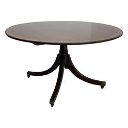 Early 20th century Regency design mahogany tilt-top table, circular top with edge banding, supported by a central turned pedestal with four reeded sabre supports terminating in castors; six chairs with pink upholstered drop in seats (7)