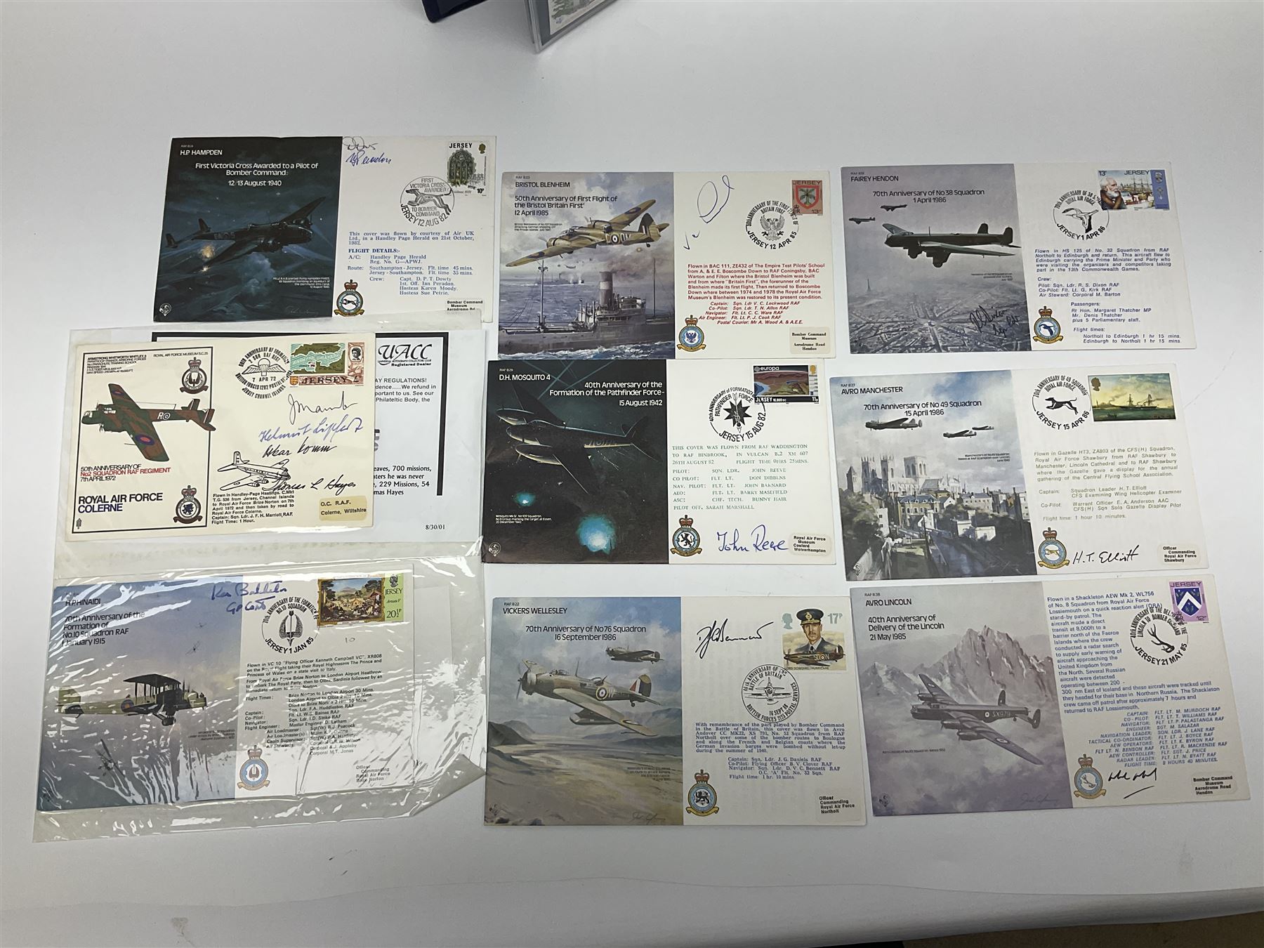 First Day Covers - approx. one hundred flying related and other military FDCs 1970s-2000s, mainly WW2 interest and bearing signatures; British, Channel Islands, Continental, Australia etc; signatures include Vera Lynn, J.H. Lacey, 'Johnnie' Johnson, Barnes Wallis, Bill Reid VC, various other gallantry medal winners, Dam Busters, Battle of Britain, Terence Otway, Leonard Cheshire, Stanford Tuck etc; loose and in a Benham album