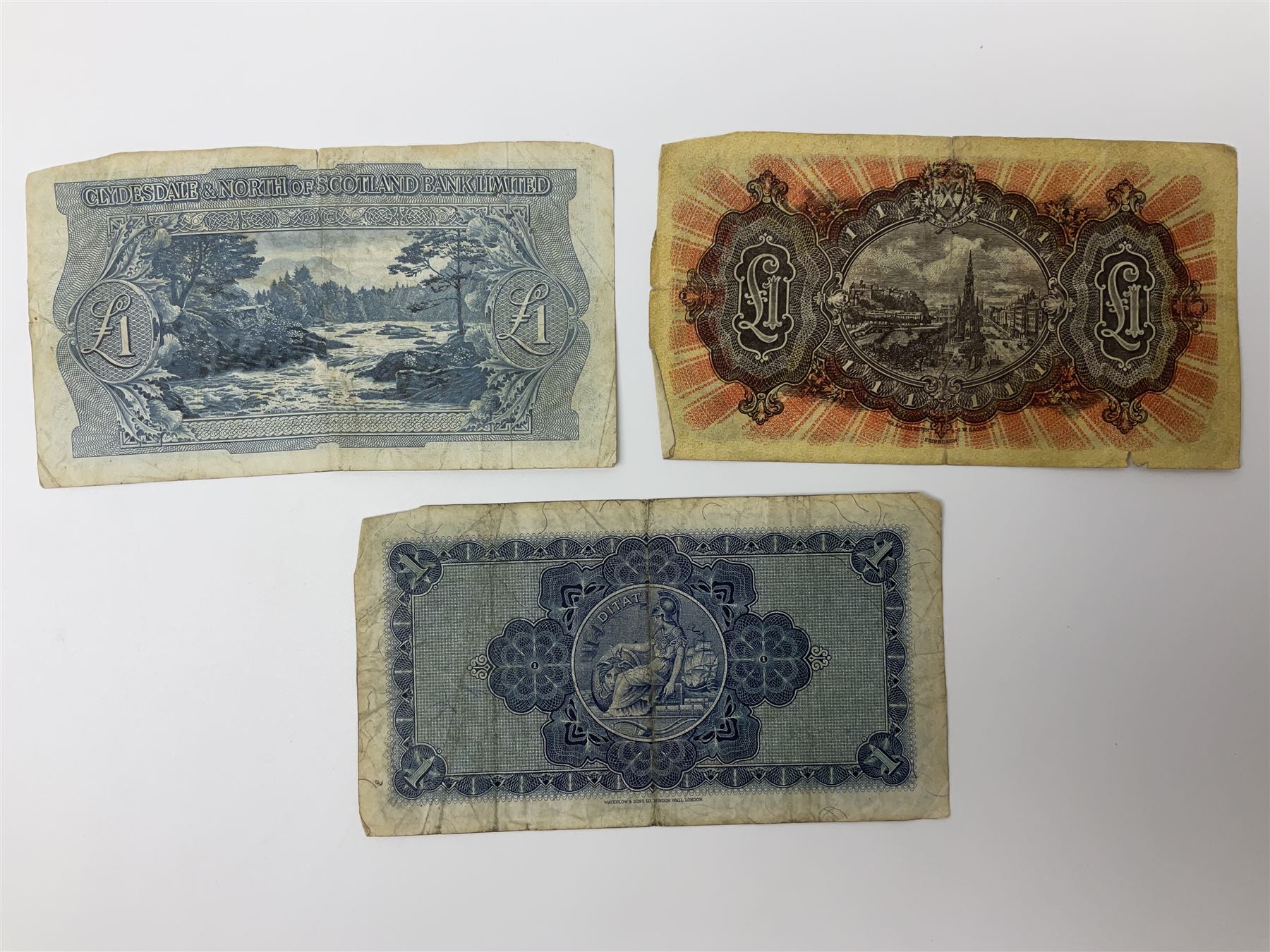 Glasgow, Clydesdale and North of Scotland Bank Limited one pound banknote 1st March 1952 ‘E312010’, The National Bank of Scotland Limited one pound 1st October 1954 ‘B/K 997-929’ and Edinburgh The British Linen Bank one pound 9th August 1955 ‘Y/2 026919’