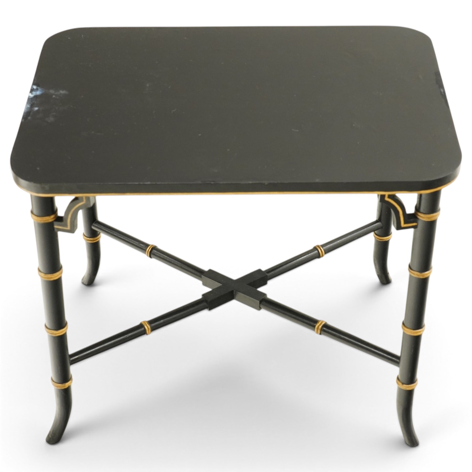 Victorian ebonised and gilt-painted papier-mâché tray on later ebonised and parcel-gilt simulated bamboo stand, the rectangular removable tray with gilt foliate and butterfly scenes with scrolling branches, the base on four ring-turned and splayed supports united by X-stretcher