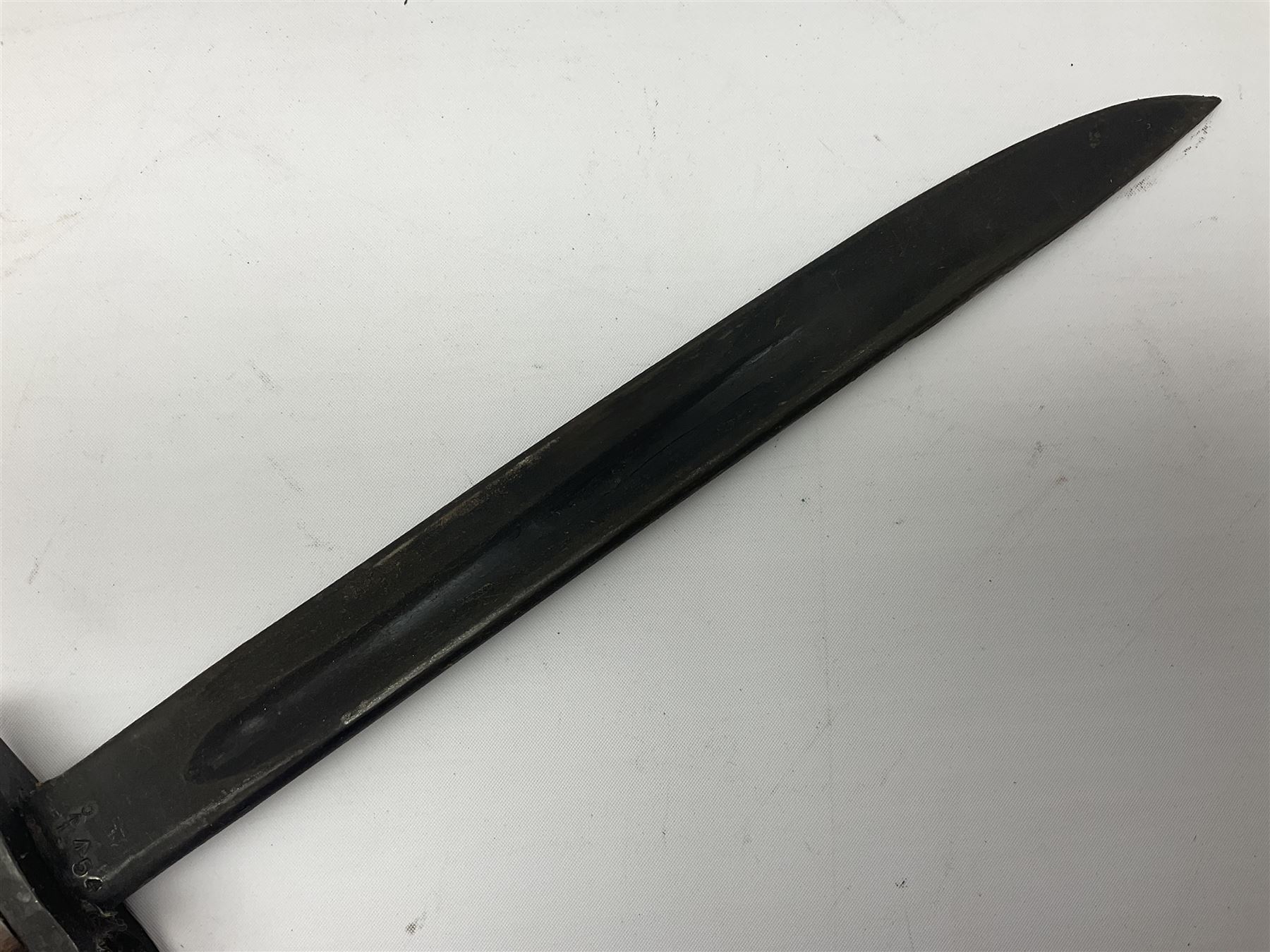 Australian Owen sub-machine gun bayonet, the 25.5cm fullered steel blade marked '53'; in metal bound wooden scabbard marled MA53 L41cm overall