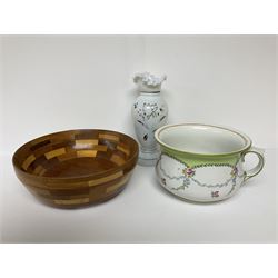 Specimen wood fruit bowl, Royal Doulton chamber pot and Victorian opaque glass vase