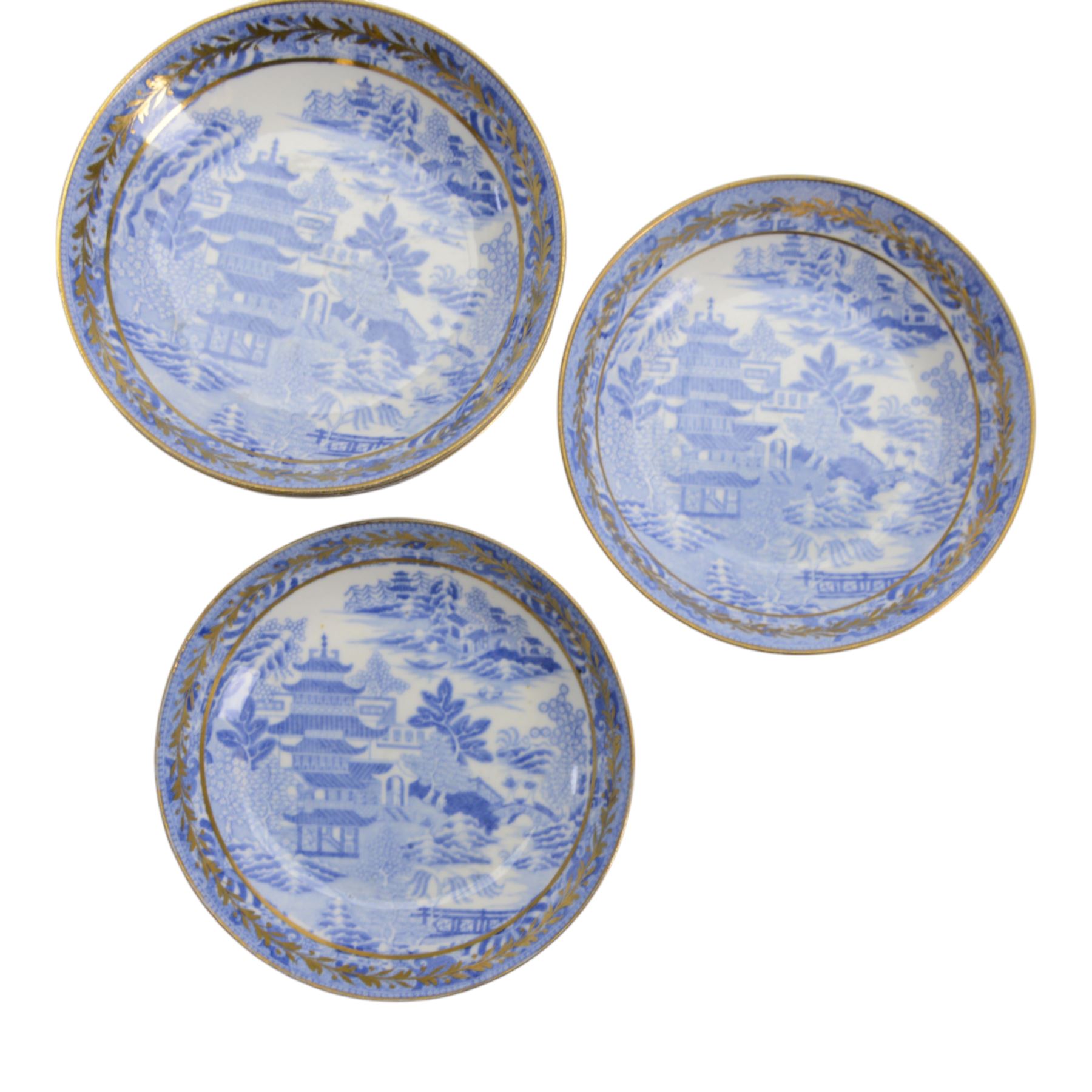 Spode tea service in Temple pattern, comprising twelve cups and saucers, open sucrier, milk jug, two side plates, together with Spode Italian pattern, six cups and saucers