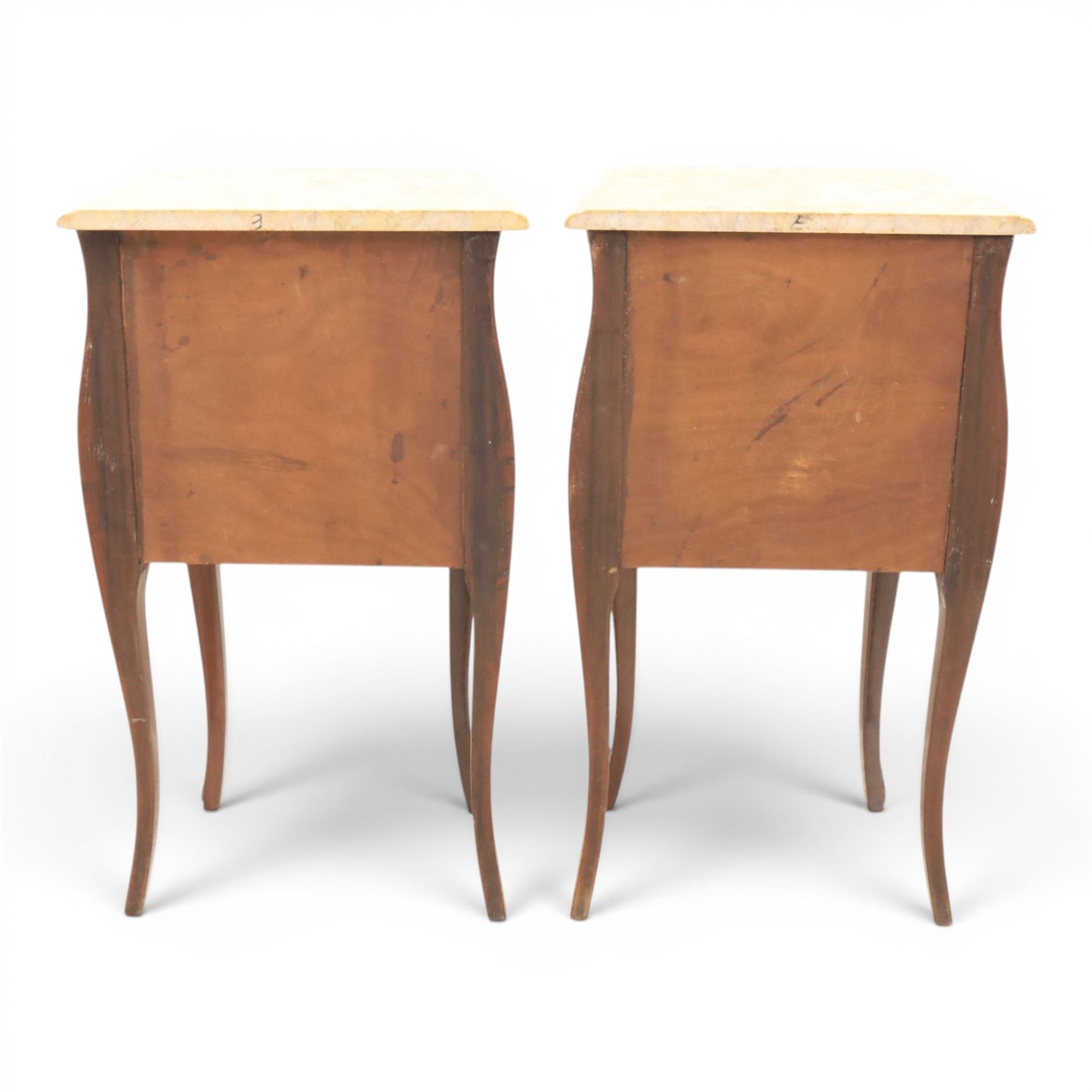 Louis XV style pair of kingwood and marquetry bedside chests, with shaped marbled tops, fitted with three drawers, with gilt metal mounts, raised on cabriole legs