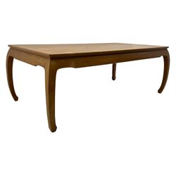 Oriental hardwood rectangular dining table, and six high back dining chairs with solid seats