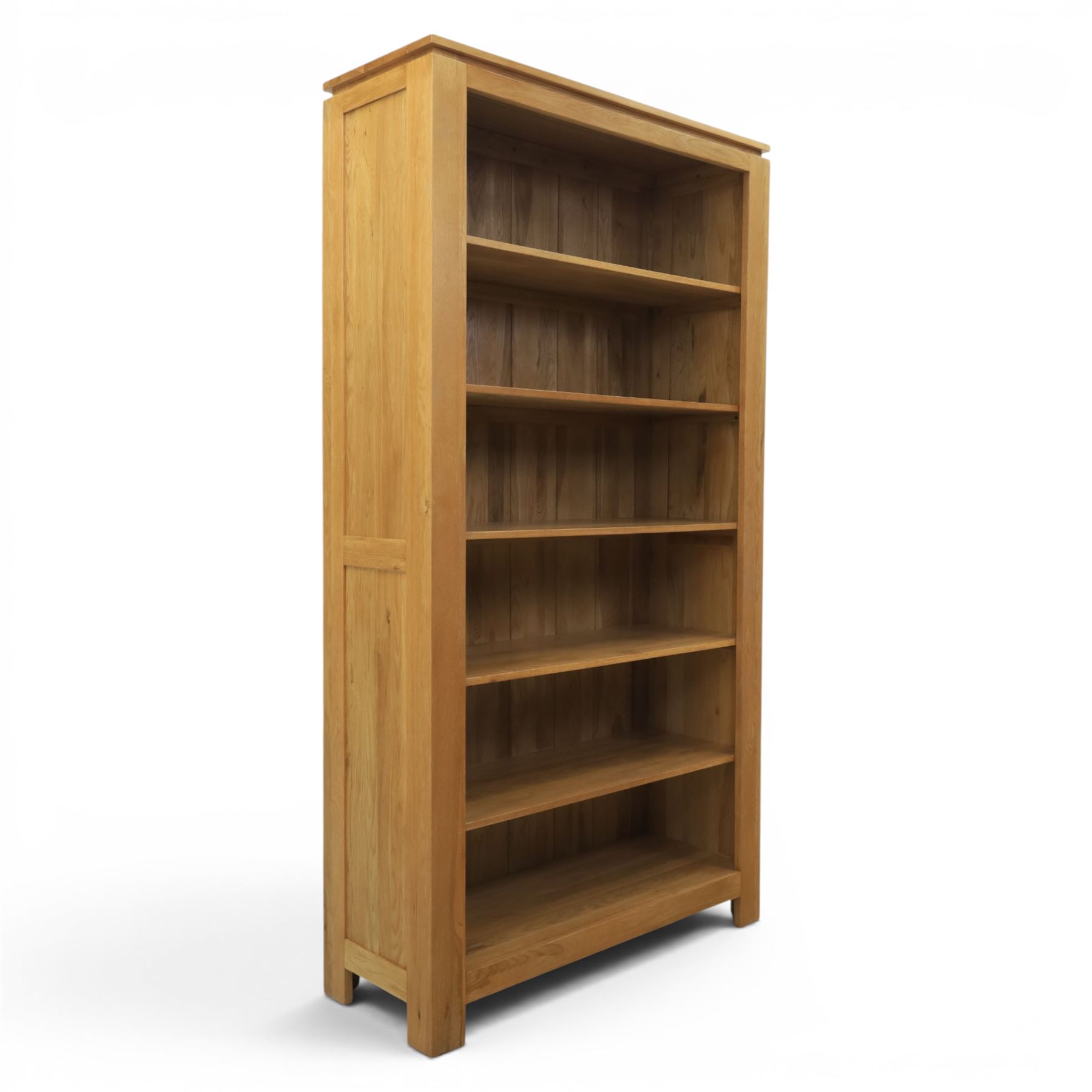 Solid light oak open bookcase, fitted with six open shelves