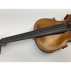 German Saxony violin c1900 with 35.5cm two-piece medium grain maple back and ribs and medium grain spruce top; bears label 'Jacobus Stainer in Absam prope Oenipontum 17xx Made in Germany', 59.5cm overall; with modern bow (2)