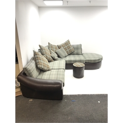 Tetrad corner sofa upholstered in leather and chequered fabric (W272cm & 246cm) with matching foot stool