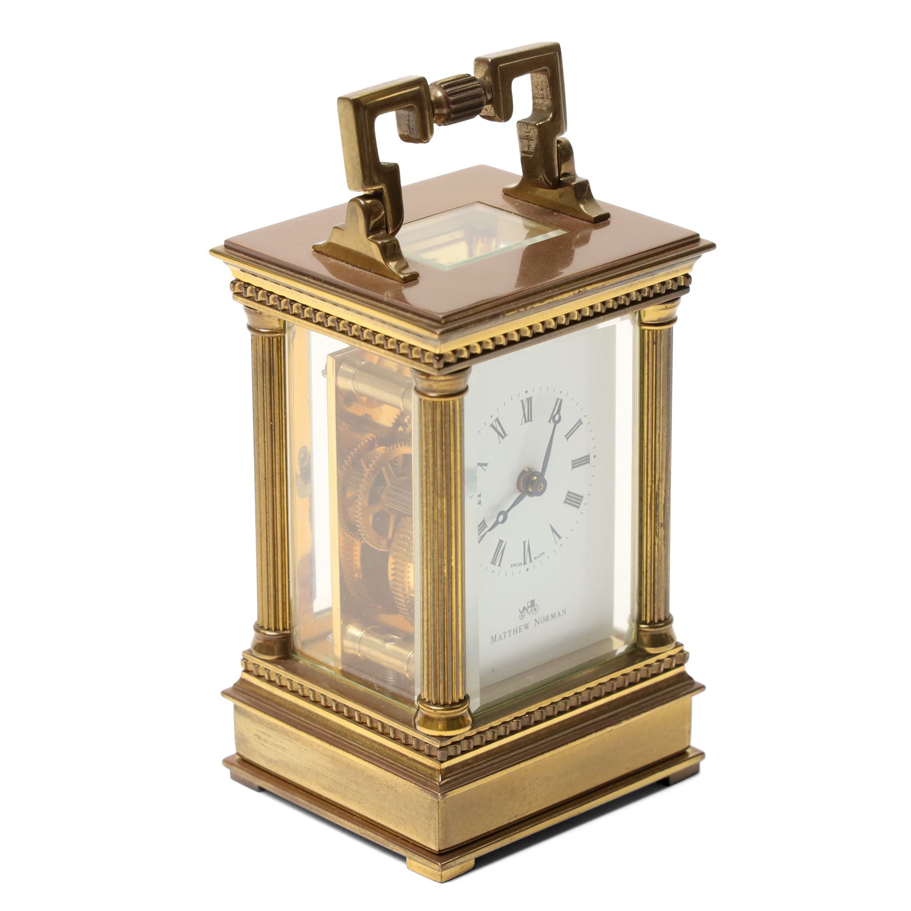 Matthew Norman - Modern repeating carriage clock with Swiss movement, white dial, brass and bevelled glass case H14cm, boxed and a miniature carriage clock by the same maker H9cm, boxed (2) 