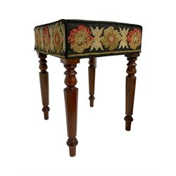 Late 19th century mahogany framed stool, square seat upholstered in floral needlework, raised on ring turned supports (W38cm H48cm); Victorian mahogany stool, square seat upholstered in garland decorated tapestry seat, raised on turned octagonal supports (W37cm H53cm); together with three similar style footstools (5)