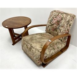 1930's bent oak armchair, upholstered back and seat (W62cm) and an oak circular occasional table, rectangular supports joined by floor stretchers (D61cm, H46cm)