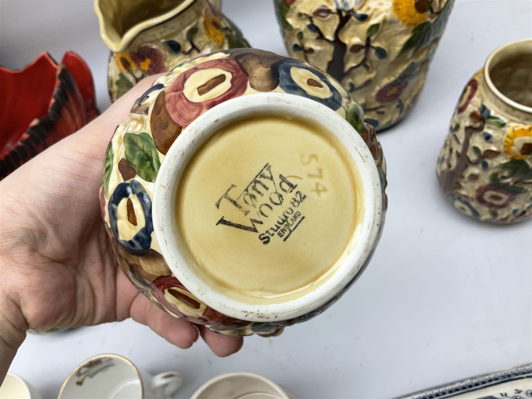Tony Wood Indian Tree pattern jug and three vase, together with pair of Old Tupton Ware square baluster vases, and other ceramics, in two boxes