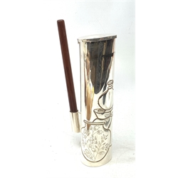 A silver plated Ravissant water jug, of cylindrical form with wooden open handle, detailed with a group of vases, marked beneath Ravissant, H25.5cm.  