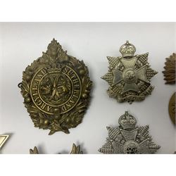Fifteen Scottish Glengarry and other metal military badges including Argyll & Sutherland, Royal Glasgow Yeomanry, Cameronians, Lanarkshire Yeomanry, Kings Scottish Own Borderers, Highland Light Infantry, Border Regiment, Lowland Regiment, Lothians & Border Horse Yeomanry, Ayrshire Earl of Carricks Own Yeomanry etc