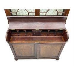 19th century mahogany piano top secretaire bookcase, two astragal doors above curved hinged retractable writing compartment, above two cupboards