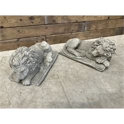 Pair of small recumbent garden lions