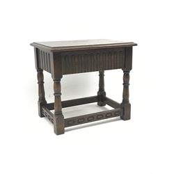 20th century medium oak stool, single drawer, W50cm, H45cm, D37cm