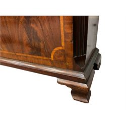 Penlington of Liverpool – early 19th century 8-day mahogany longcase clock, swans neck pediment with three turned wooden finials and verre eglomise panels, trunk with reeded columns and wavy topped door, plinth with canted corners on bracket feet, painted break-arch dial with Roman numerals and five-minute Arabic’s, centre sweep calendar and seconds hands, blue steel serpentine hands, signed beneath a painted rolling moon in the arch PENLINGTON, LIVERPOOL, eight day four pillar movement, anchor escapement and rack striking on a bell. With pendulum and weights.  The Penlington family were prolific clockmakers in 19th century Liverpool working from several addresses in the city, also recorded as chronometer and chronograph makers.