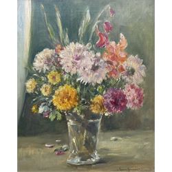 Owen Bowen (Staithes Group 1873-1967): Still Life with Chrysanthemums, oil on canvas signed 49cm x 39cm