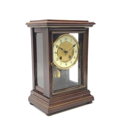 Late 19th century walnut cased mantle clock enclosed by bevelled glazed door and side panels, twin train driven movement striking the hours and half on coil, H30cm (with pendulum)
