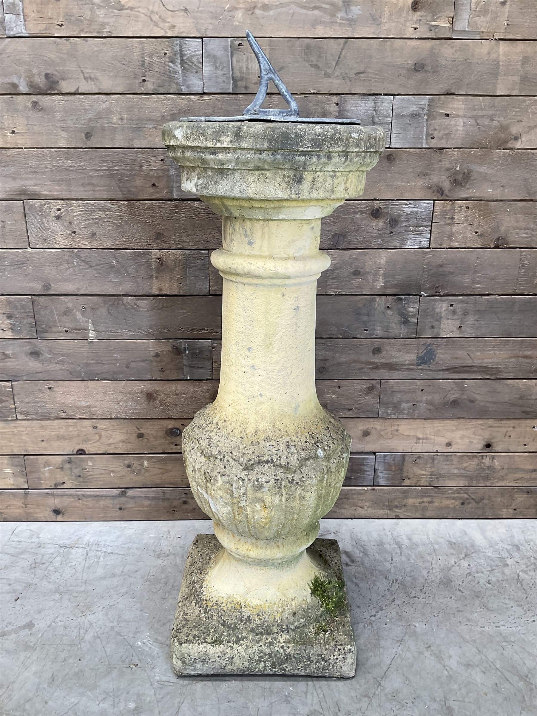 Victorian design cast stone sun dial, circular column with lead NESW plate