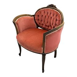 Edwardian inlaid rosewood parlour suite, comprising pair of tub shaped armchairs (W77cm, D69cm, H88cm); and matching two-seat sofa (W112cm, D69cm, H88cm), each with carved crest rails with shell motifs, deep button-tufted oval backs upholstered in pink fabric with braid trim, on cabriole supports