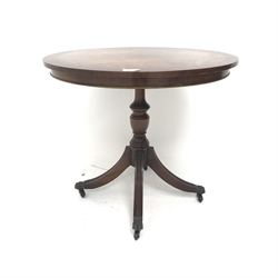 Victorian style mahogany occasional table, single turned and carved column on three scrolling feet (D51cm, H69cm) and a Bevan Funnell Reprodux cross banded mahogany occasional table, turned column on four reeded sabre supports (D61cm, H52cm)