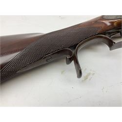 Early 19th century Tursfield of Birmingham 10-bore double barrel side-by-side shotgun, c1840s, with back action percussion locks, 76cm browned curly stub twist damascus barrels, ramrod under with worm screw, walnut stock with chequered grip and fore-end and steel furniture L120..5cm overall