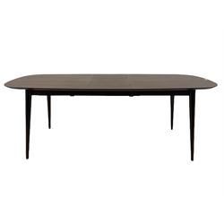Bentley Designs - Premier collection 'Oslo' contemporary walnut extending dining table and six chairs upholstered in steel grey fabric. 