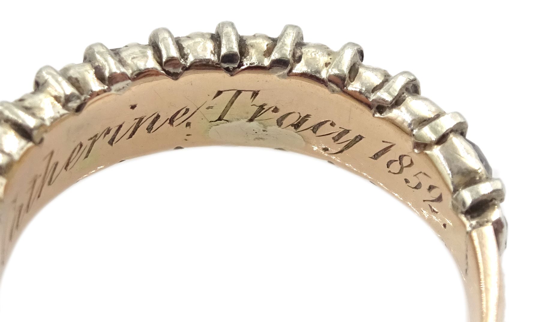 19th century gold and silver two row old cut diamond ring, the inner shank inscribed 'Catherine Tracy 1852'