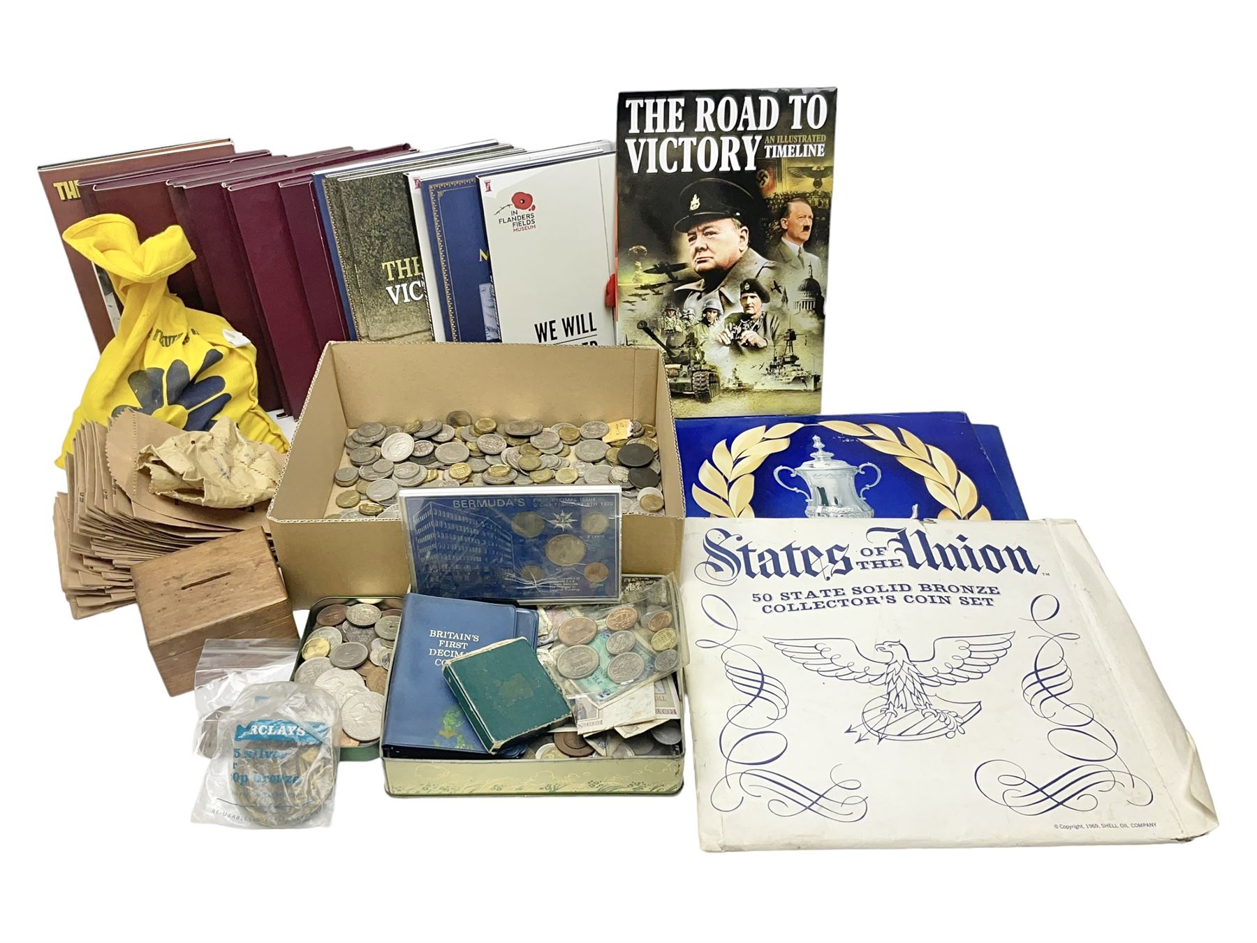 Great British and World coins, including a small number of pre 1920 silver coins, pre-decimal pennies, commemorative crowns, various part filled 'The London Mint Office' commemorative coin folders, Britain's First Decimal Coins sets in blue folders, pre-Euro coinage, United States of America coins etc