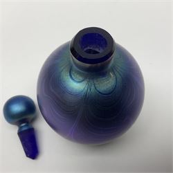 Three Okra scent bottles, all decorated with iridescent threads in blue and purple tones, together with  Paul C Brown scent bottle, largest H15cm