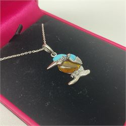 Silver Baltic amber and turquoise kingfisher pendant necklace, stamped 925 and boxed 