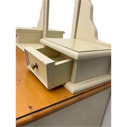 Laura Ashley pine and cream finish vanity chest, fitted with two short and three long drawers, swing mirror back