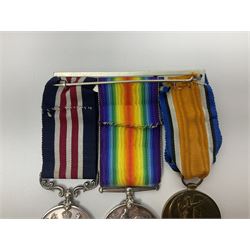 WW1 Military Medal group of three comprising MM, British War Medal and Victory Medal awarded to 44772 Pte. T. Clamp 5/York: & Lanc: R.; all with ribbons on hanging bar