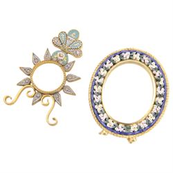 Six micro mosaic picture frames, all decorated with flowers with blue and green boarders 