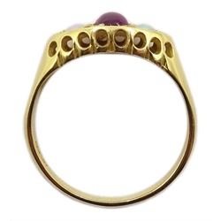  18ct gold cabochon ruby, opal and diamond ring, hallmakred  