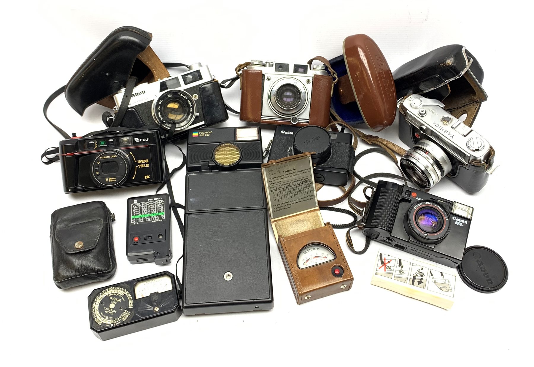 Collection of cameras to include: Polaroid 600 Land Camera SLR 680 with auto focus/auto strobe, Rollei XF 35, Canon ML AF35, Fuji TW-300, Balda Baldina Compur-Rapid, YASHICA LYNX-5000, Canon Canonet QL19, flash bar and two light meters in one box