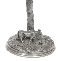 19th century silver plated desk holder, the circular naturalistically modelled base cast with fruiting vines and with applied figure of a ram, rising to a vine with two leaves, and initialled brass clip, H18cm