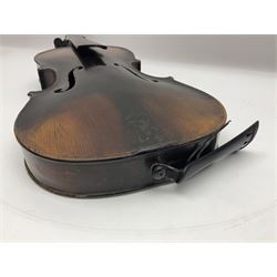 German violin c1890 with 36cm two-piece maple back and ribs and spruce top; bears label 'Antonius Stradivarius Cremona Faciebat Anno 1729' L59.5cm overall; in ebonised wooden 'coffin' case; and two German violins c1890 for completion - one bearing a Stradivarius label, the other a Ruggeri label; both in carrying cases (3)
