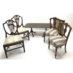 Pair of Edwardian chairs, shaped cresting rail, upholstered seats, turned tapering supports (W47cm) a fire screen, two other chairs and a leather top coffee table