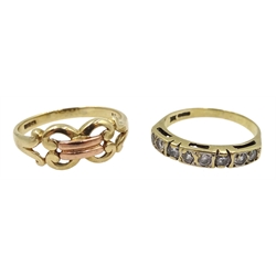 Gold stone set half eternity ring, gold ring and three pairs of gold hoop earrings, all 9ct, stamped, tested or hallmarked