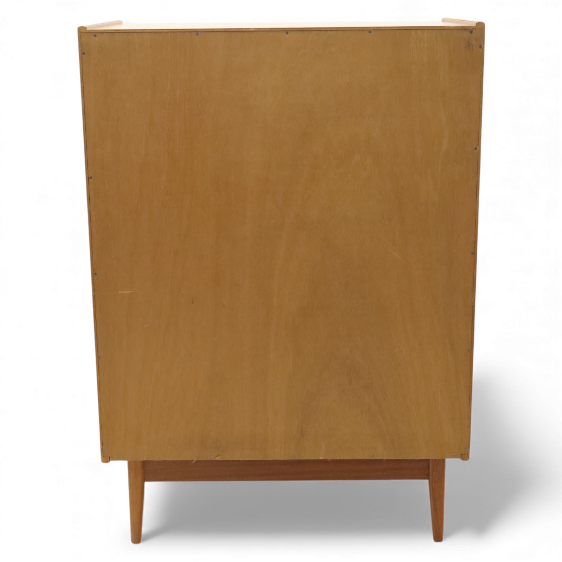 Golden Key By Palatial Ltd - mid-20th century teak chest of five drawers, rectangular top over a bank of graduating drawers fitted with brass loop handles, raised on tapering support