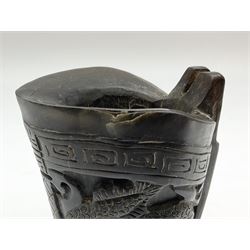 Chinese horn blood collection cup, carved with dragons and key fret border, H9.5cm